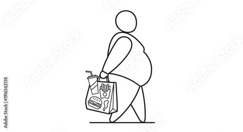 Overweight person carrying fast food bag and drink, unhealthy lifestyle concept