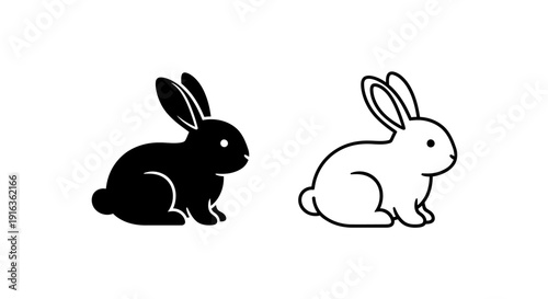 Two rabbits, one black and one white, sitting side by side on a plain background. Vector