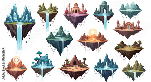 Large collection of diverse floating fantasy islands featuring waterfalls mountains forests temples and caves for video game level design inspiration.
