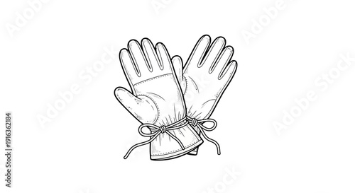 Pair of elegant leather gloves with ties, black and white illustration