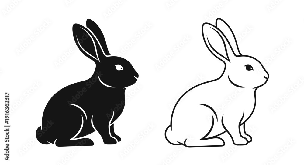 Fototapeta premium Two silhouette rabbits, one black and one white, sitting side by side Vector