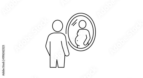 Person looking in mirror, reflection shows pregnant belly, body image concept
