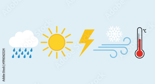 Weather Icons: Rain, Sun, Lightning, Wind, Snowflake, Thermometer