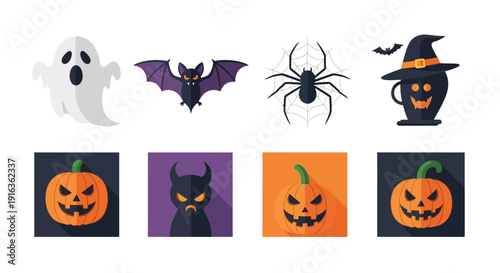 Halloween Icons: Ghost, Bat, Spider, Witch Hat, Pumpkins, Devil