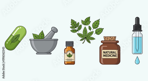Natural Medicine Icons: Capsule, Mortar Pestle, Herbs, Dropper Bottle