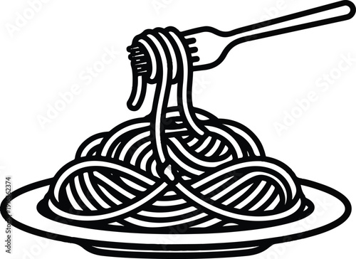 Fork twirling around a plate of noodles in a simple graphic illustration