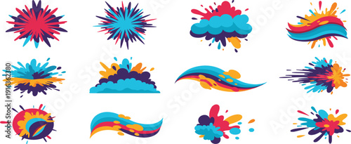 Colorful vibrant arrow icon set and liquid paint dripping borders splashes starbursts for creative web UI and digital design.