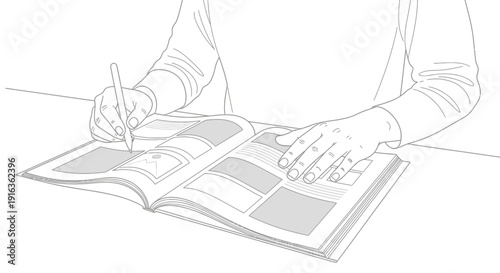 Person's Hands Writing and Drawing in an Open Book with Illustrations