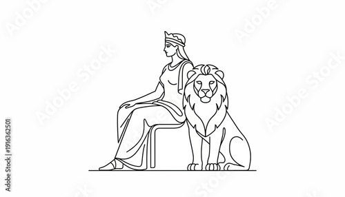 Mythological Woman and Majestic Lion Sitting Together, Elegant Line Art