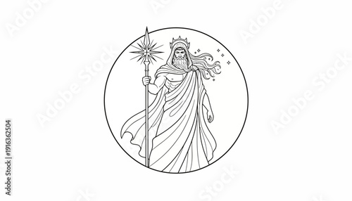 Mythological King with Star Staff and Crown, Ancient Deity, Celestial Symbolism, Line Art