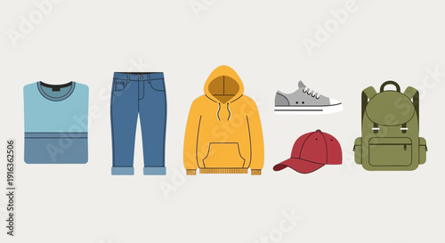 Casual Outfit Flat Icons: Hoodie, Jeans, T-shirt, Sneakers, Backpack