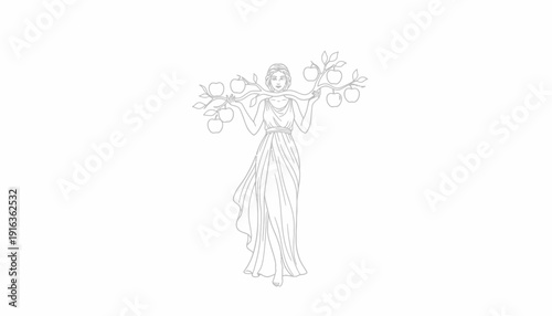 Mythological Woman Holding Apple Branch, Ancient Greek Goddess, Line Art Illustration