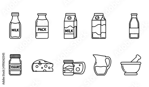 Dairy Food and Kitchen Tools Outline Icons Vector EPS 10