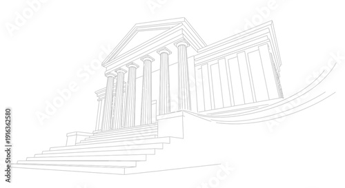 Neoclassical Building Facade with Columns and Stairs, Architectural Sketch