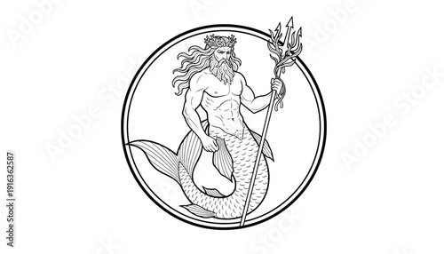 Neptune God of the Sea with Trident and Fish Tail, Mythological Creature, Black and White Line Art