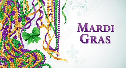 Mardi gras beads and decorations with purple green and gold colors festive holiday background