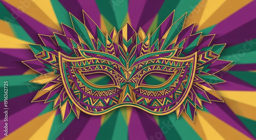 Vibrant mardi gras mask with purple green and gold feathers on colorful background festive carnival decoration
