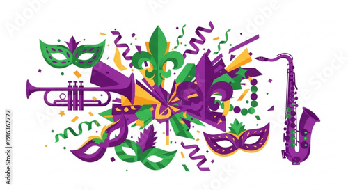 Mardi gras carnival celebration with colorful masks musical instruments and confetti on white background