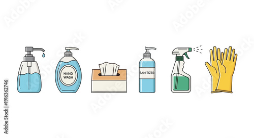 Hygiene and Sanitation Icons: Hand Sanitizer, Soap, Tissues, Gloves
