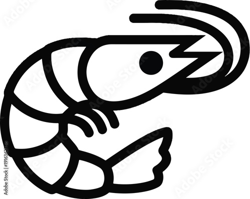 A black and white illustration of a shrimp viewed from the side, showcasing its body structure and details.