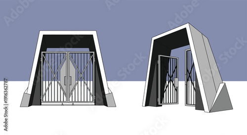 Architectural 3D model shows a futuristic gate or bunker entrance with heavy metal doors in both open and closed positions.