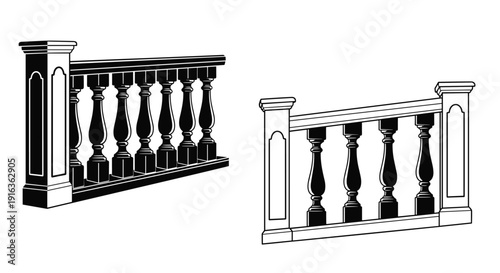 Classical architectural balustrades are shown in two styles with stone pillars and turned spindles in black and white elevations.