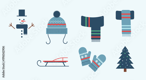 Winter Fun Icons: Snowman, Hat, Scarves, Sled, Mittens, Christmas Tree