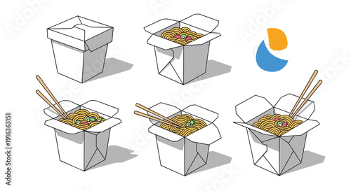 Sequence shows the process of opening a white cardboard take-out box of noodles and using wooden chopsticks to eat a meal.