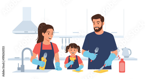 Happy family of three including parents and a young daughter work together to wash and dry dishes in their domestic kitchen.