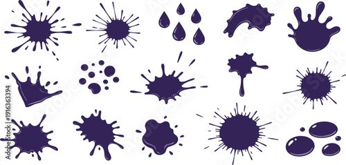 Dark ink splatter vector icon set with liquid paint splashes blotches messy spray drops and organic fluid stains for creative grunge artistic background design.