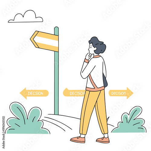 A person stands at a crossroads with a signpost