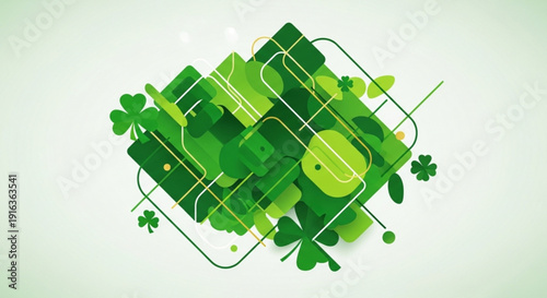 Vibrant green clover leaves in abstract composition with geometric lines on white background symbolizing luck and nature