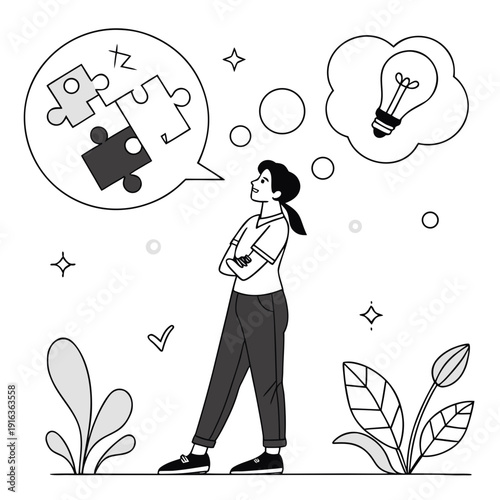 A woman with a thoughtful expression is having ideas