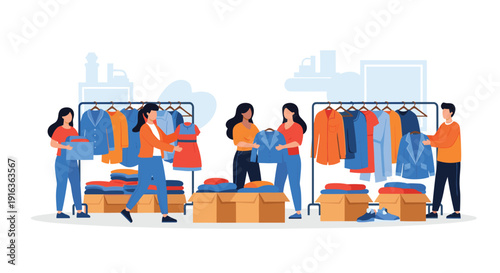 Group of volunteers works together to sort and organize donated clothing into boxes and on racks in a bright room interior.