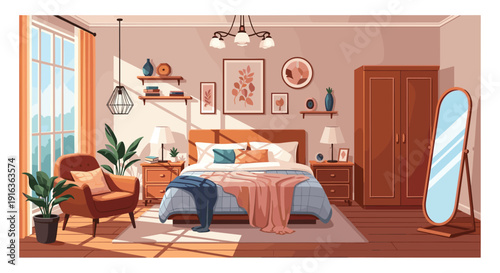 Elegant bedroom interior features a large bed with pillows, a cozy armchair, a tall wardrobe, and a full-length floor mirror.