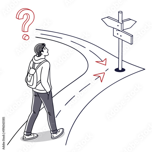 A person standing at a crossroads with a question mark