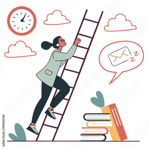 A woman climbs a ladder to reach her goals