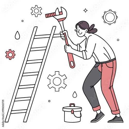 A woman using a large wrench to fix something on a ladder