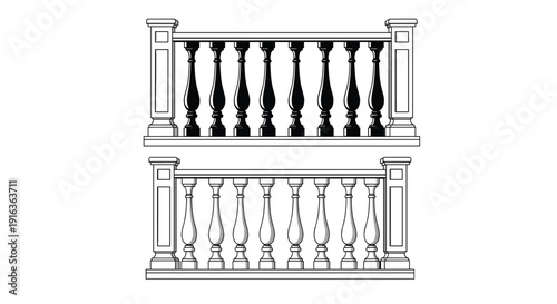 Set of classical architectural balustrades features carved stone spindles and pillars in both black and white design styles.