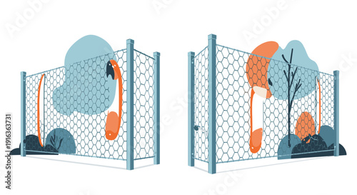 Chain-link wire fence is shown from two angles with colorful abstract shapes and plant silhouettes in the background area.