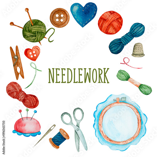 Watercolor needlework frame with sewing and knitting tools arranged in a circular border and copy space. Hand painted craft elements including yarn, scissors, needles, buttons and embroidery hoop for 
