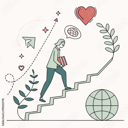 A person climbing up the stairs with a book and thought bubble