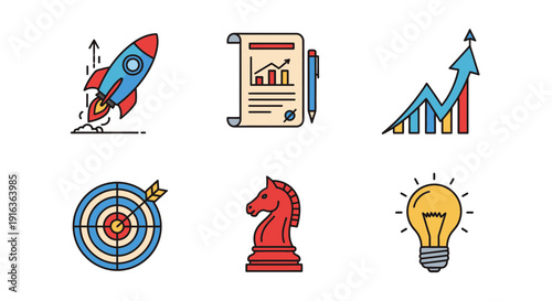 Business growth icons: rocket, graph, target, idea, chess, document