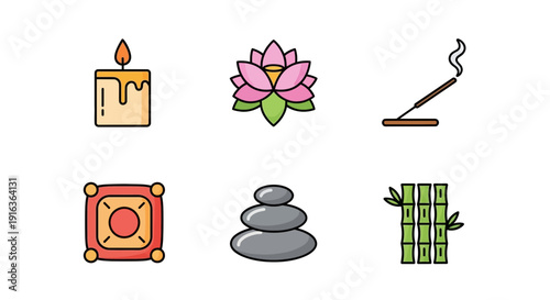 Zen and Spa Icons: Candle, Lotus, Incense, Stones, Bamboo