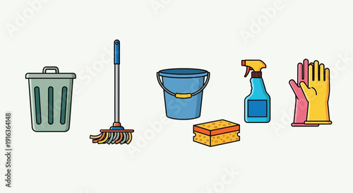 Home Cleaning Supplies Icon Set: Mop, Bucket, Spray Bottle, Gloves