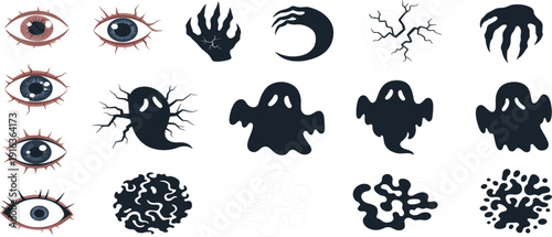 Spooky Halloween vector icon set with creepy eyes ghost silhouettes claw marks cracked textures and dark mysterious hand-drawn style design elements.