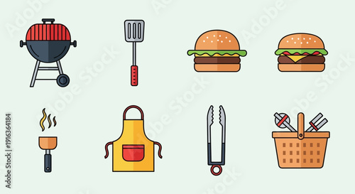 BBQ Party Icons: Grill, Burger, Spatula, Apron, Picnic Basket
