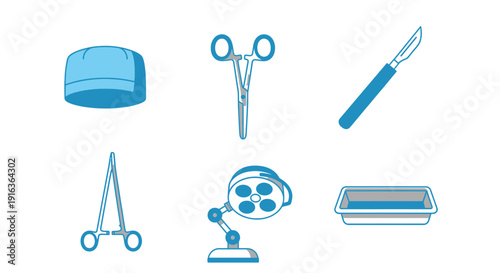 Surgical Medical Instruments Icons: Cap, Forceps, Scalpel, Lamp, Tray