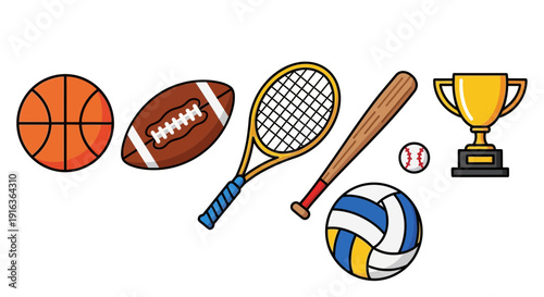 Sports Equipment Icons: Basketball, Football, Tennis, Bat, Ball, Volleyball
