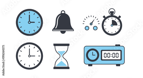 Time Icons Collection: Clocks, Stopwatch, Hourglass, Bell, Timer